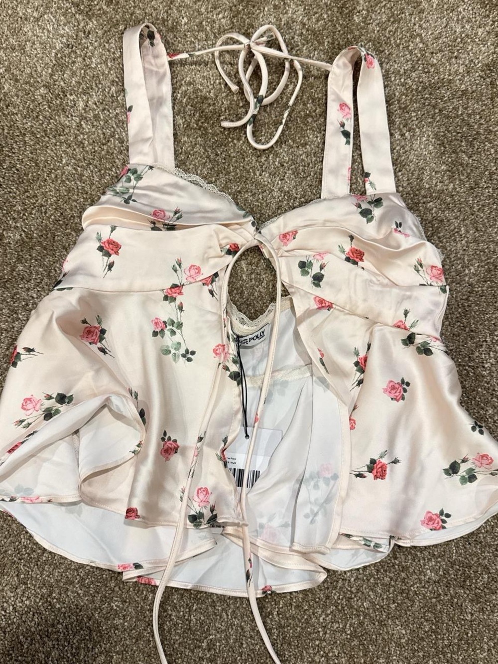 Princess Polly Cream Floral Satin Cutout Halter Cami NWT
